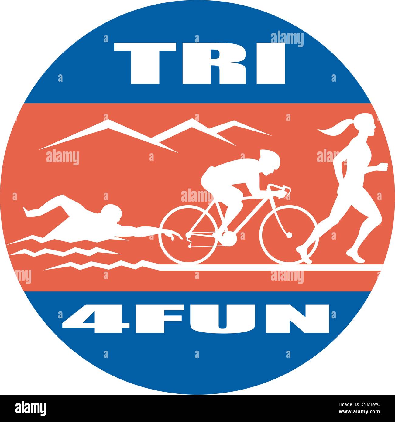 Illustrazione che mostra la progressione del triathlon che mostra un atleta di nuoto, andare in bicicletta o fare escursioni in bicicletta e di finitura con un'esecuzione. Illustrazione Vettoriale