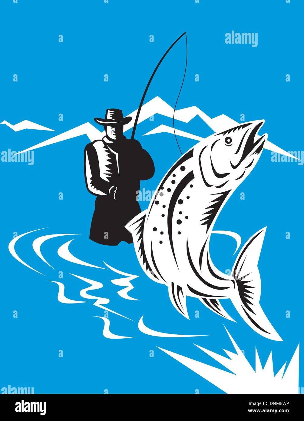 Illustrazione di un pesce trote jumping riavvolta dal pescatore a mosca fatto in stile retrò Illustrazione Vettoriale