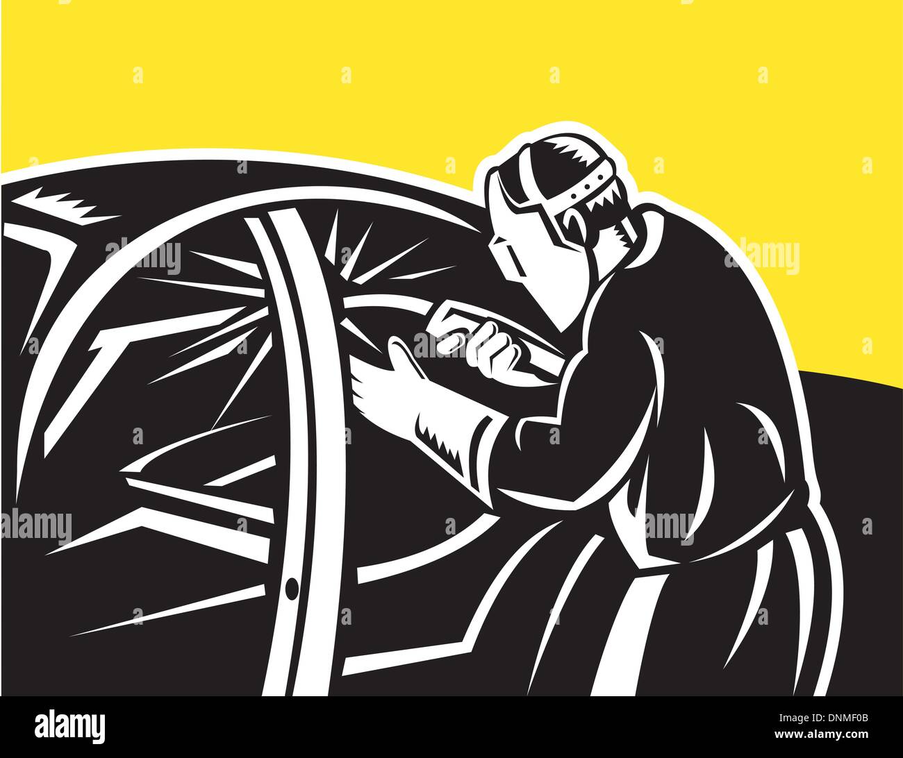 Illustrazione di una saldatrice con torcia di saldatura a lavorare sulla vettura Illustrazione Vettoriale