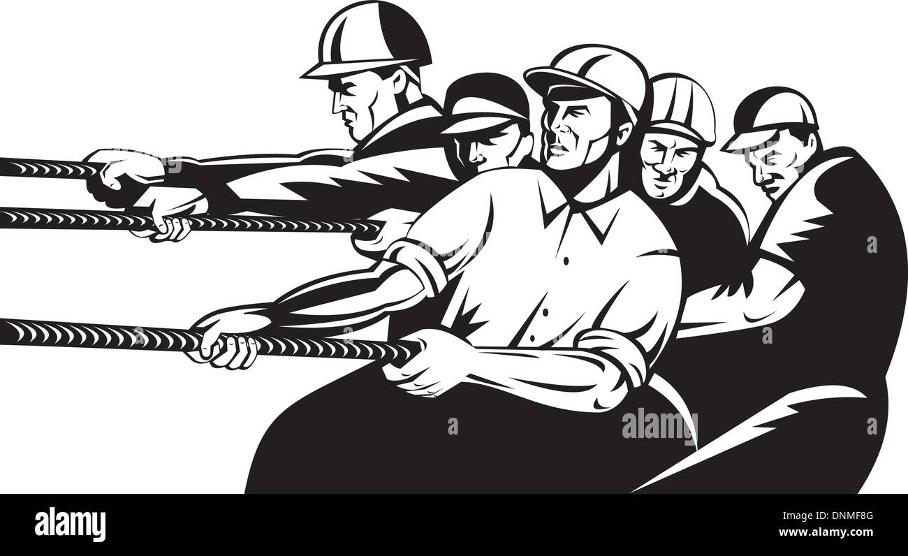 Illustrazione di un team di lavoratore edile tirando la corda fatto in stile retrò Illustrazione Vettoriale