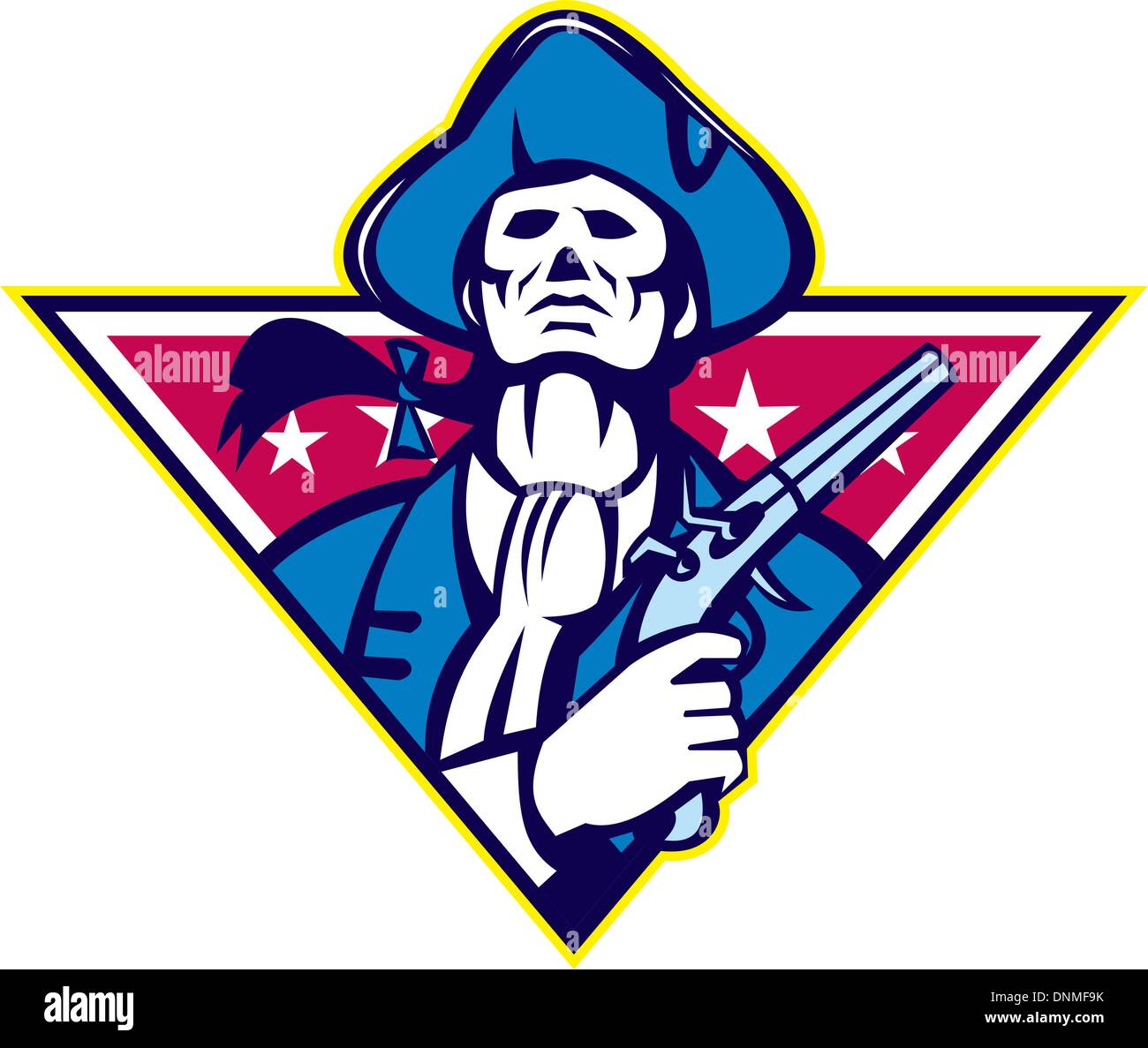 Illustrazione di un American Patriot Minuteman cercando con pistola flintlock impostato all'interno del triangolo con stelle sul bianco isolato Illustrazione Vettoriale