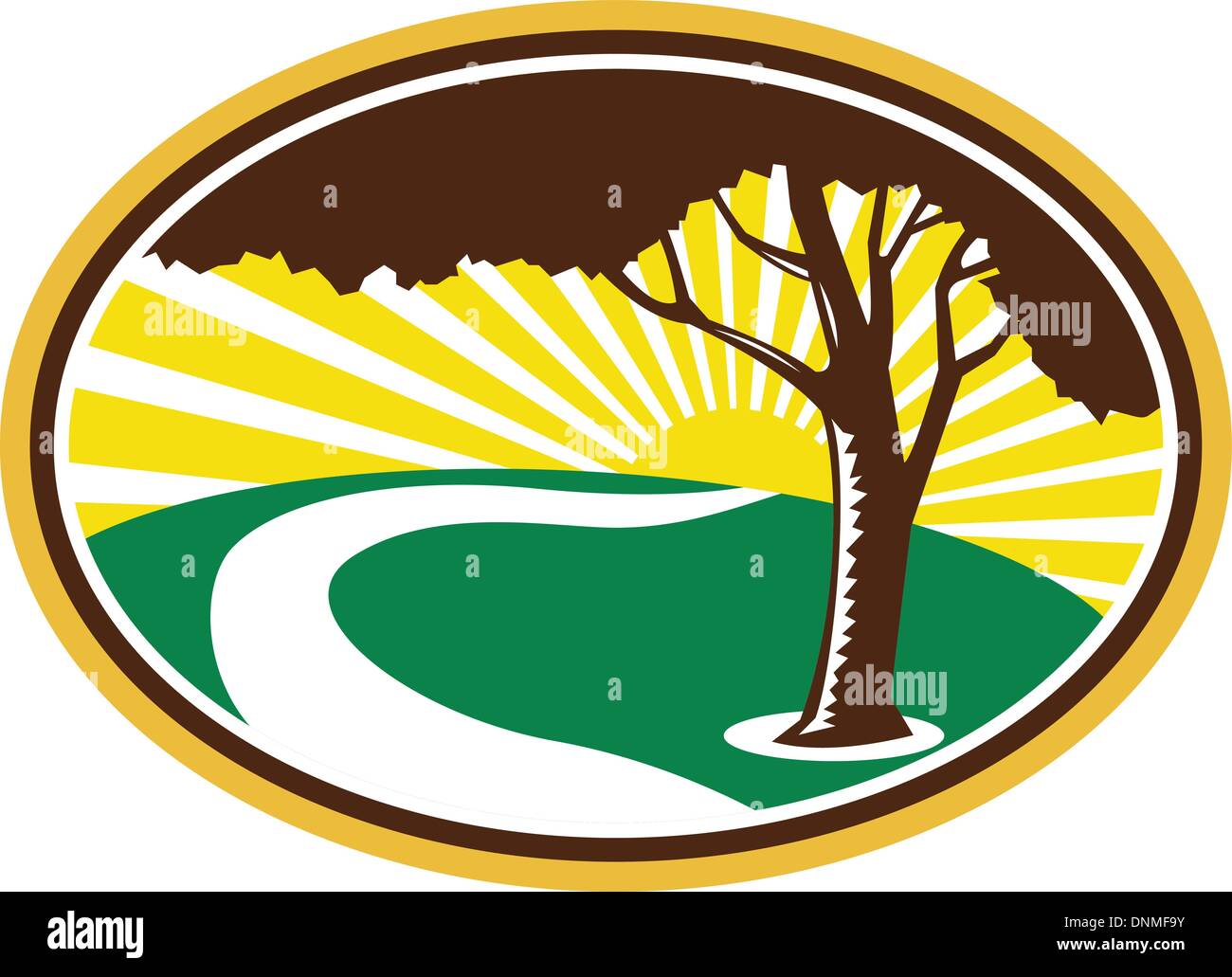 Illustrazione di un albero di noci pecan silhouette con avvolgimento del flusso del fiume e sunburst in background don ein stile retrò. Illustrazione Vettoriale