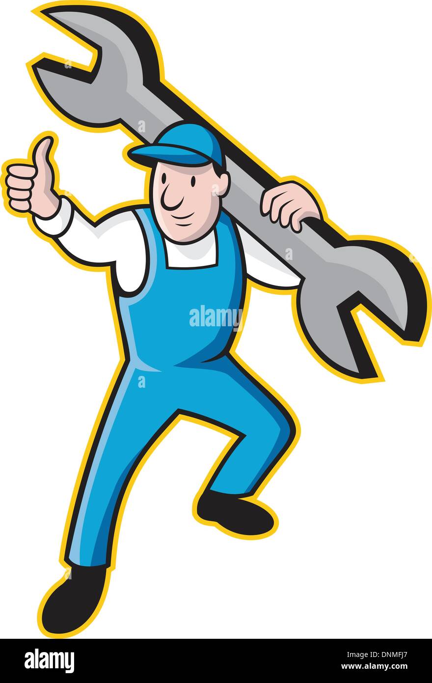 Cartoon illustrazione di un lavoratore meccanico gigante che porta la chiave tenendo pollice in alto isolato su sfondo bianco. Illustrazione Vettoriale