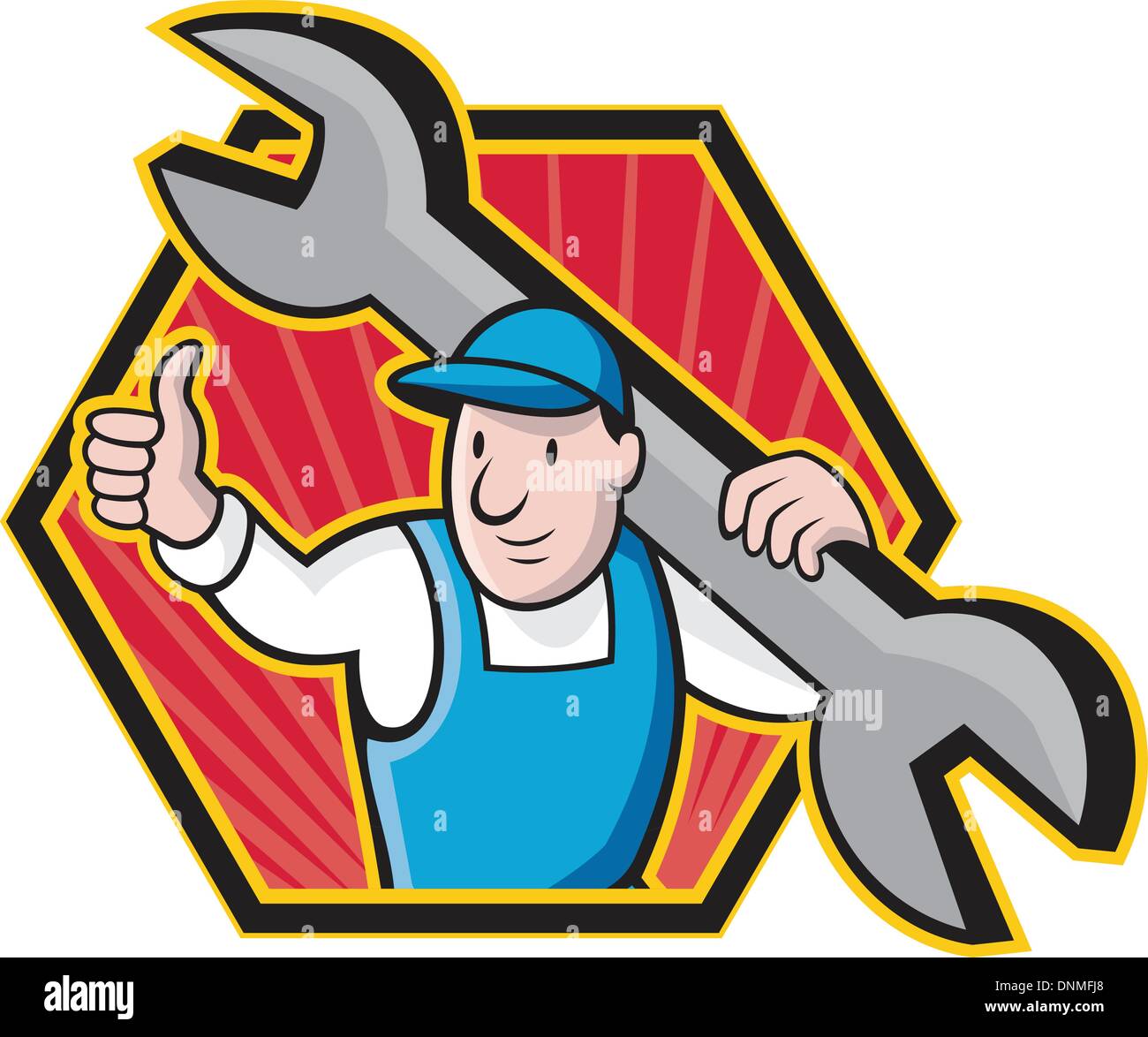 Cartoon illustrazione di un lavoratore meccanico gigante che porta la chiave tenendo pollice in alto insieme all'interno di un esagono. Illustrazione Vettoriale