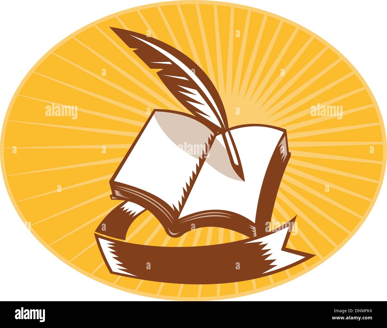 Illustrazione di un libro con la penna del cappello e insieme di scorrimento all'interno di uno ovale con sunburst in fatto di sfondo in xilografia stile. Illustrazione Vettoriale