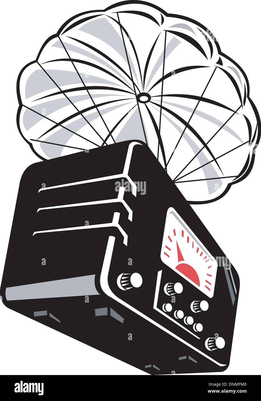 Illustrazione di un vintage radio con paracadute isolato su bianco fatto in stile retrò Illustrazione Vettoriale