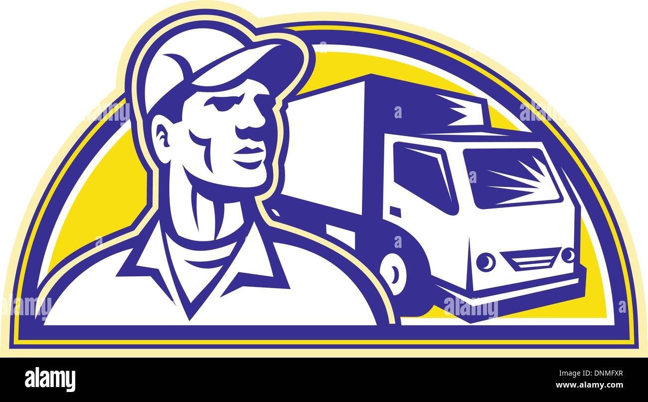 Illustrazione di un distacco uomo delivery guy con carrello in movimento van in background impostata all'interno del semicerchio fatto in stile retrò. Illustrazione Vettoriale