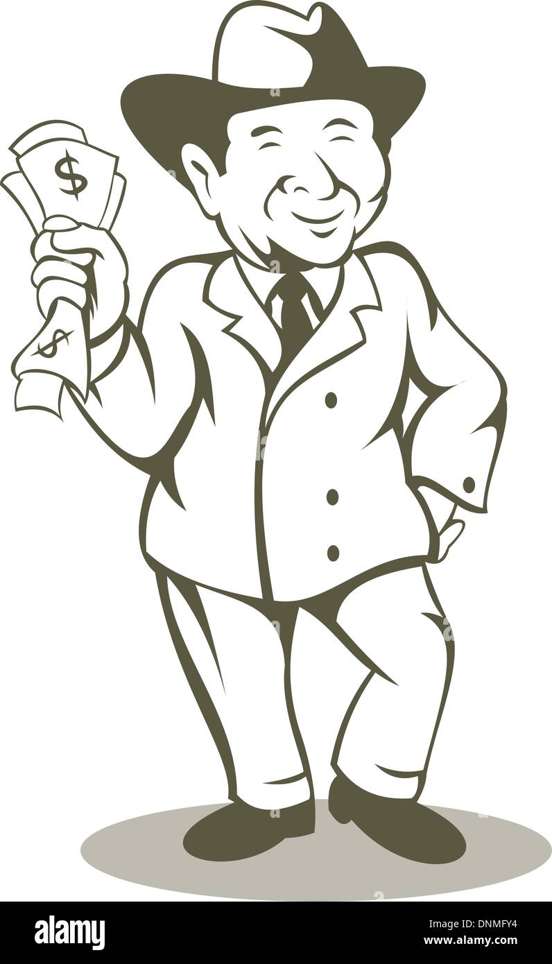 Illustrazione di un uomo nel business suit e hat holding mazzette di dollari denaro isolato su sfondo bianco Illustrazione Vettoriale