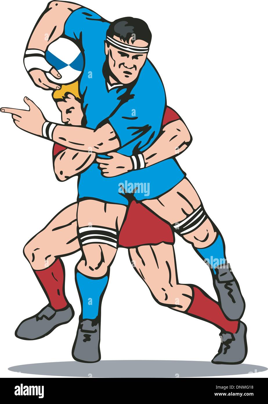 Illustrazione di un blocco di rugby di essere affrontati da dietro il fatto in stile retrò. Illustrazione Vettoriale