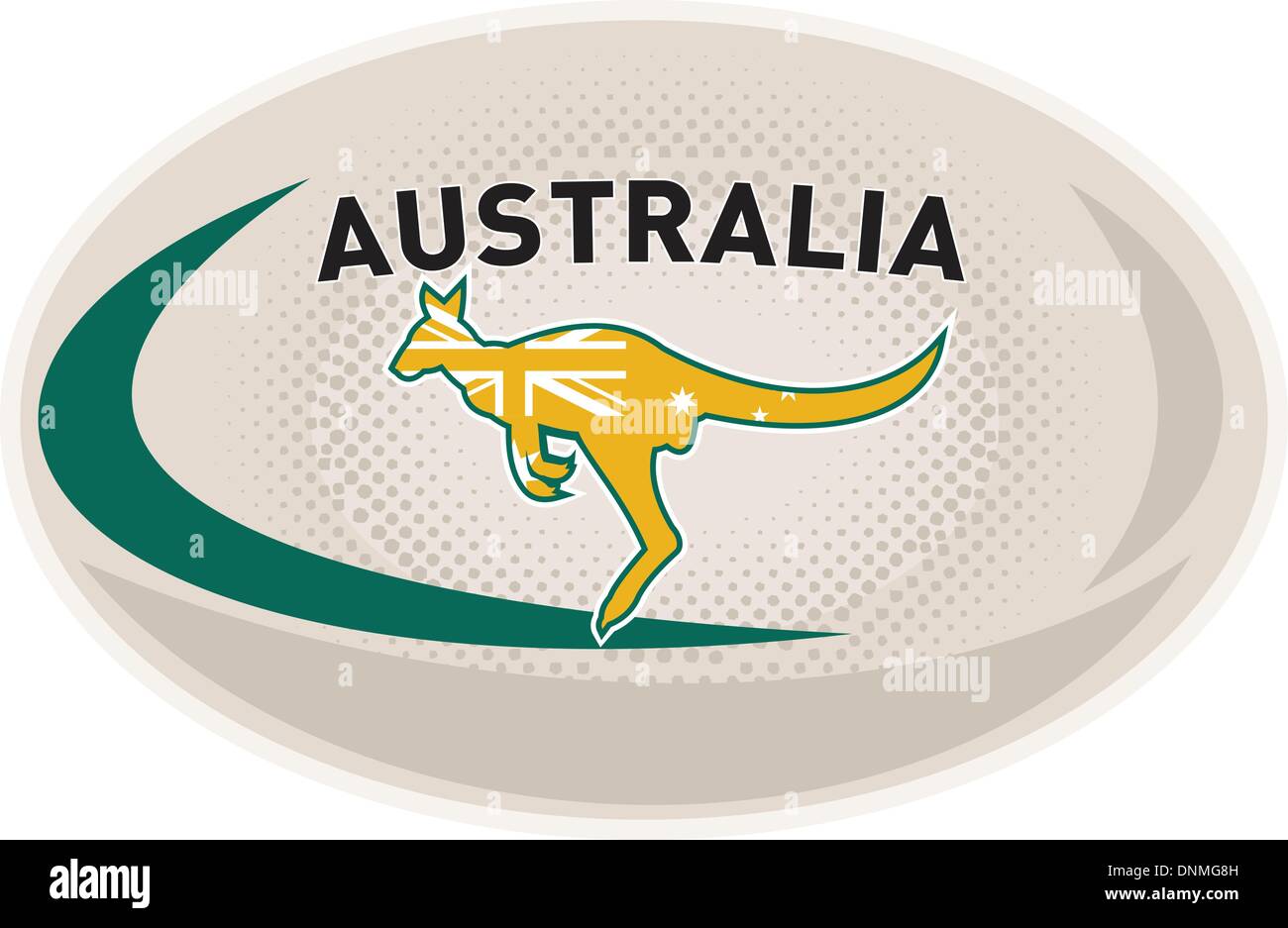 Illustrazione di un pallone da rugby con Australian kangaroo wallaby e parole Australia isolato su sfondo bianco Illustrazione Vettoriale