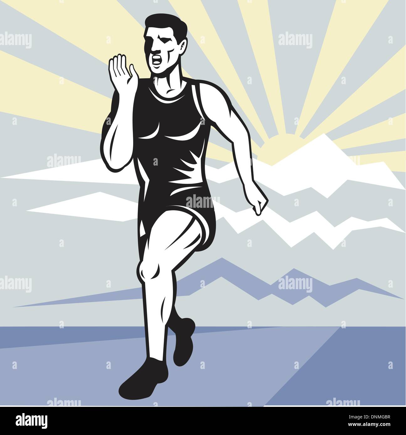 Illustrazione di una maratona road runner pareggiatore di formazione fitness visto dal lato anteriore imposta all'interno di piazza con la montagna e sunburst in background fatto in stile retrò. Illustrazione Vettoriale