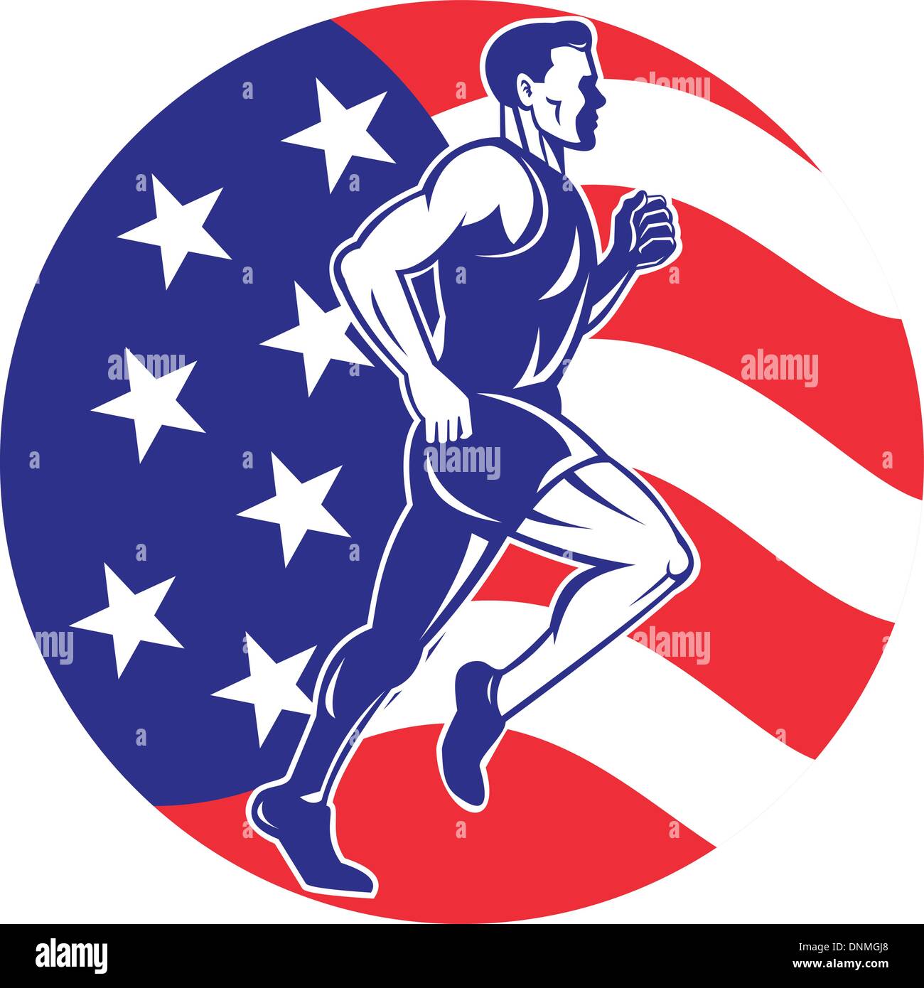 Illustrazione di una illustrazione di un maschio di Marathon road runner fitness pareggiatore di formazione in esecuzione su strada con la bandiera americana a stelle e Illustrazione Vettoriale
