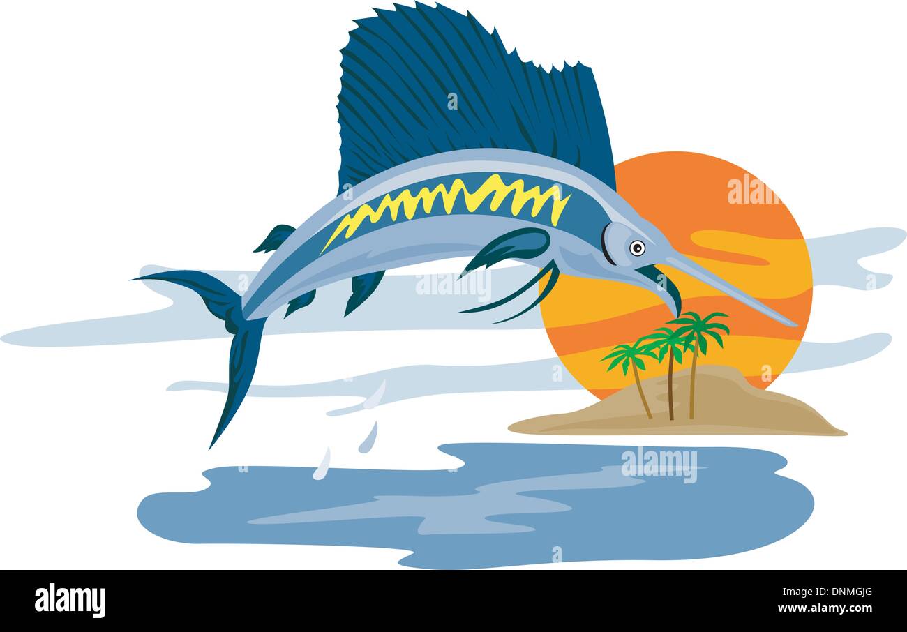 Illustrazione di un pesce sailfish jumping con isola e di Sun in fatto di sfondo in stile retrò. Illustrazione Vettoriale