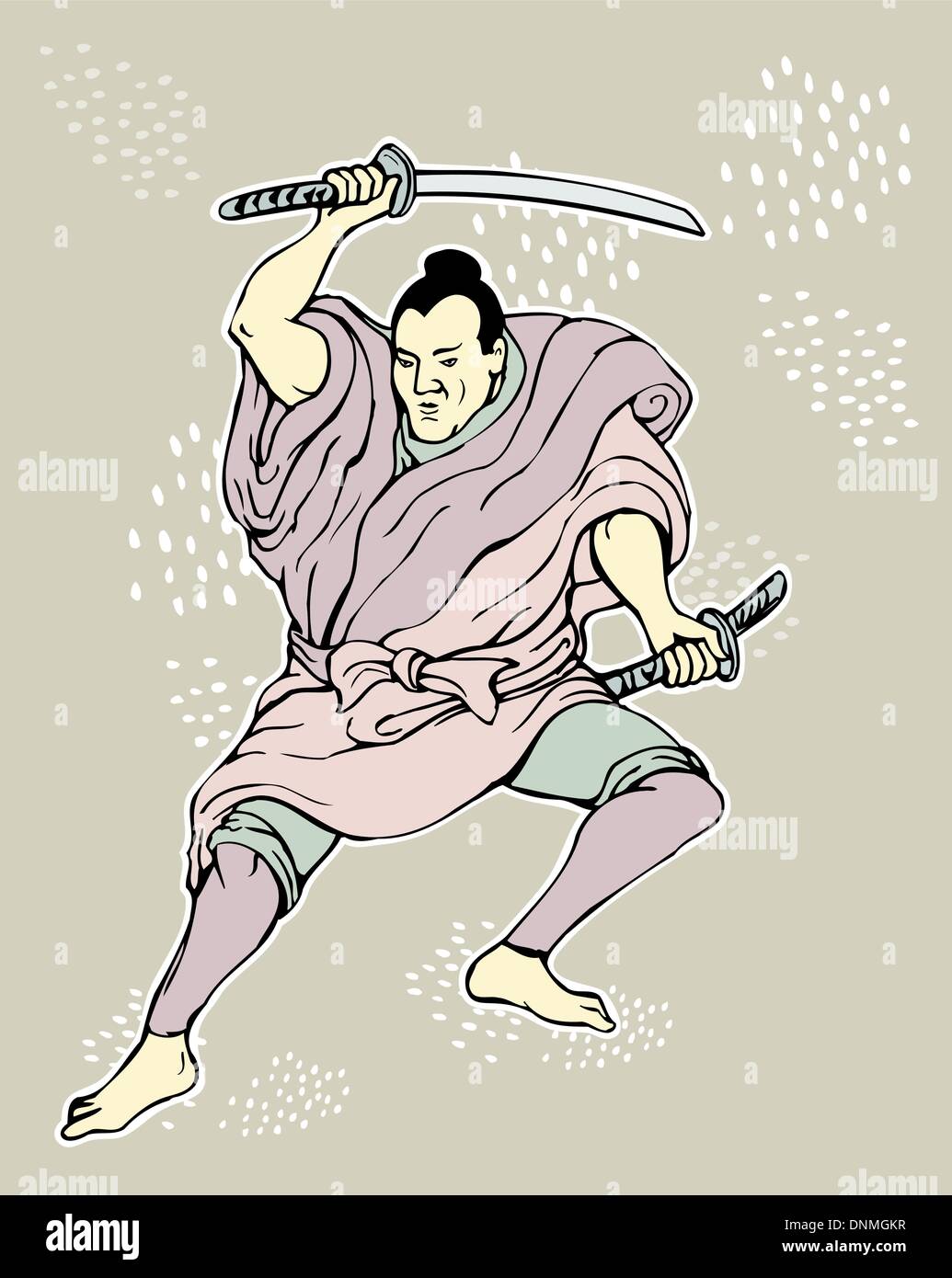 Illustrazione di un guerriero Samurai con spada katana in atteggiamento di combattimento fatto in stile cartoon Illustrazione Vettoriale