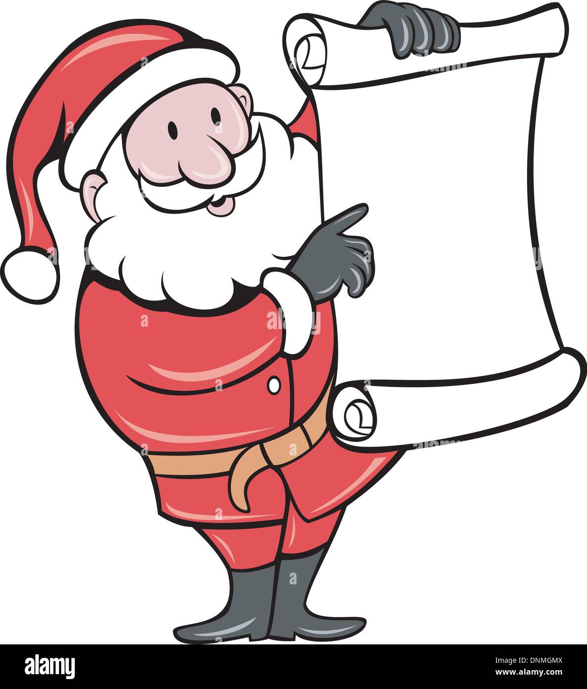 Illustrazione di Babbo Natale Babbo Natale in piedi con la carta lista di scorrimento su sfondo isolato fatto in stile cartoon Illustrazione Vettoriale