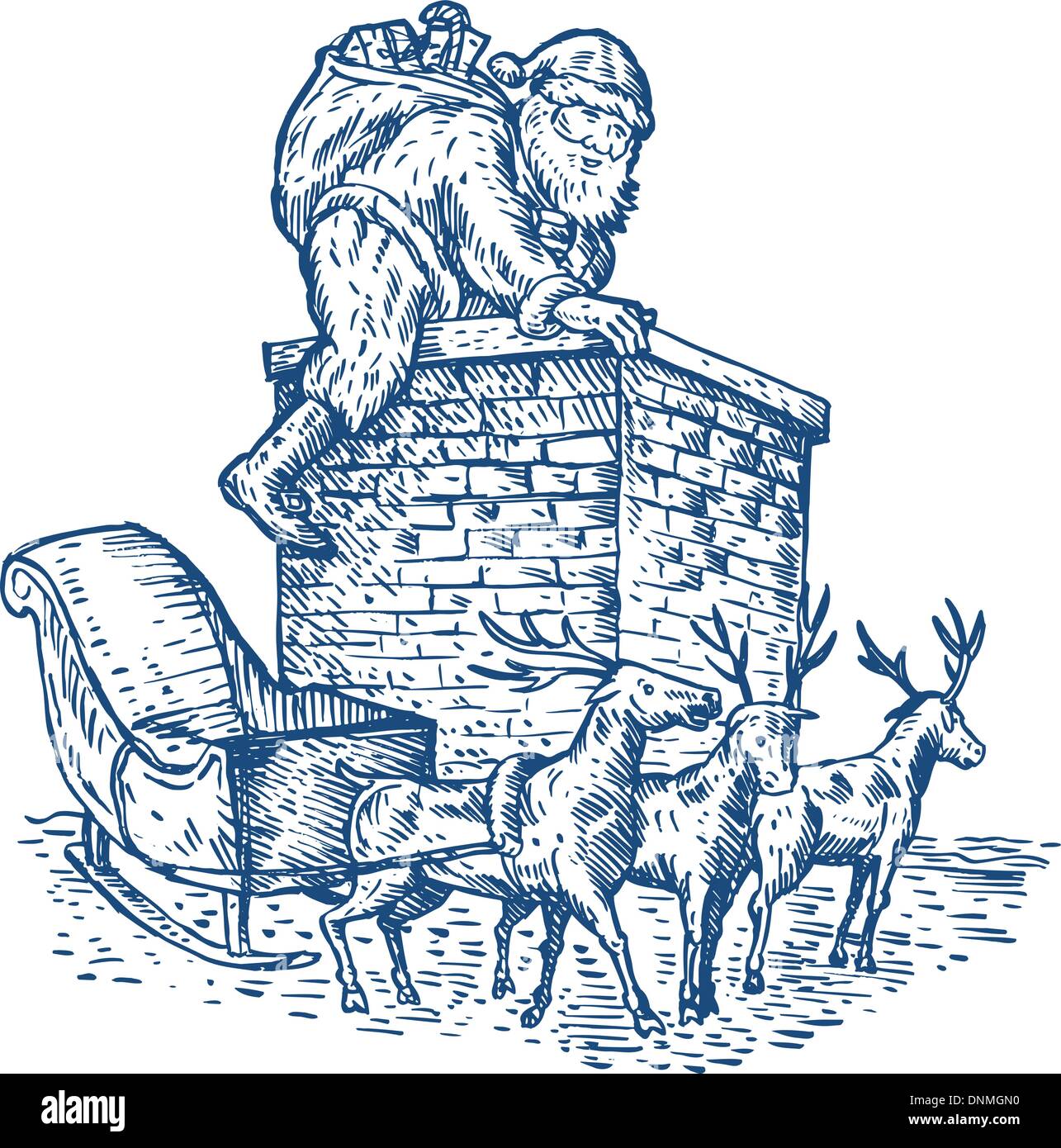 Immagini Di Babbo Natale In Bianco E Nero.Illustrazione Di Babbo Natale Babbo Natale Che Si Arrampica Sul Camino Con Le Renne Su Sfondo Isolato Eseguita In Bianco E Nero Immagine E Vettoriale Alamy