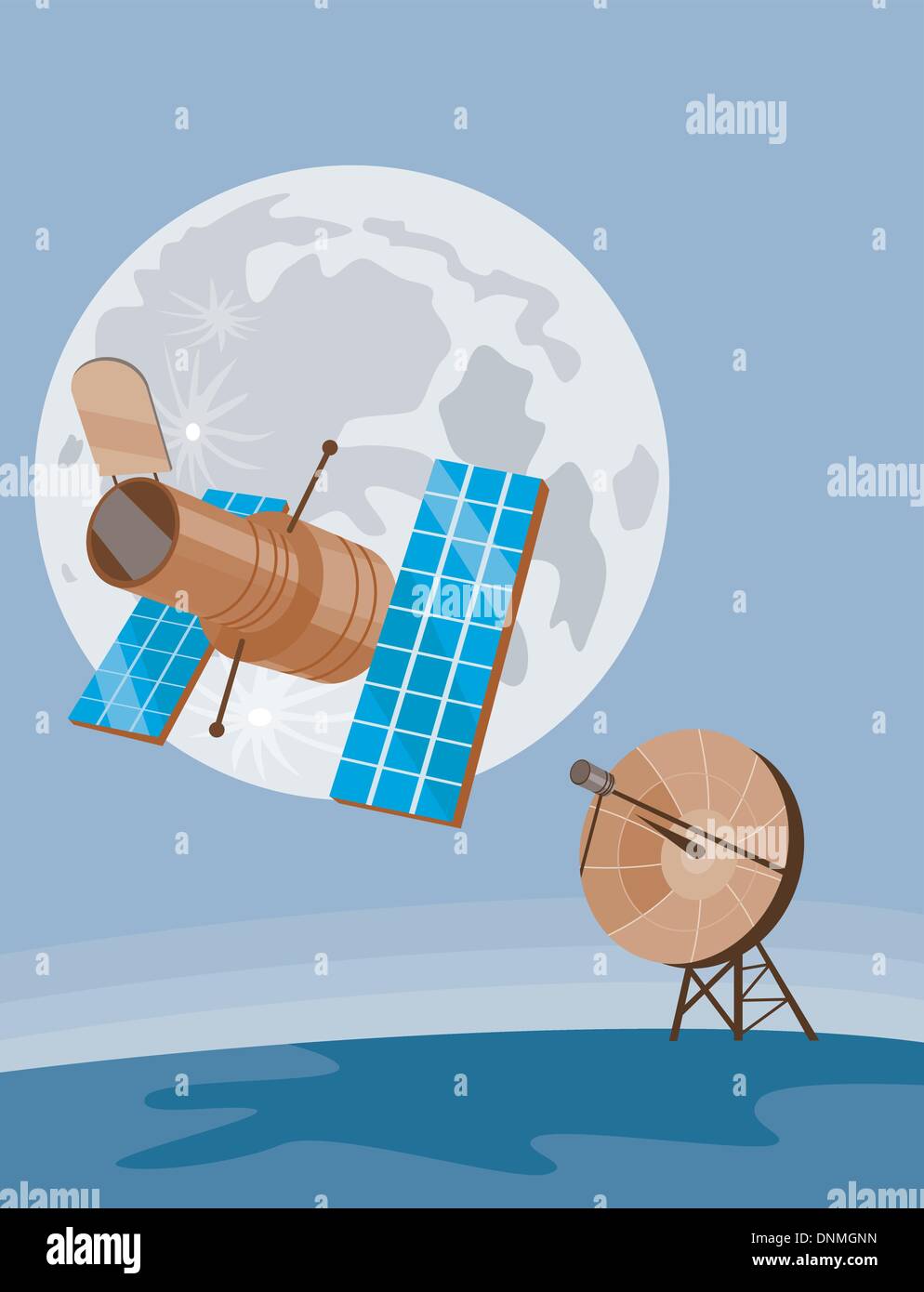 Illustrazione di antenna satellitare piatto con luna in background fatto in stile retrò. Illustrazione Vettoriale