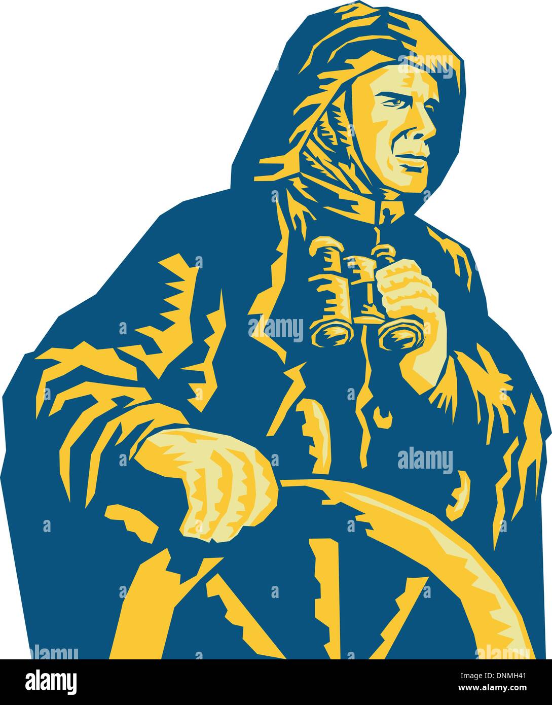 Illustrazione di un pescatore di mare capitano al timone della ruota di fatto in stile retrò Illustrazione Vettoriale