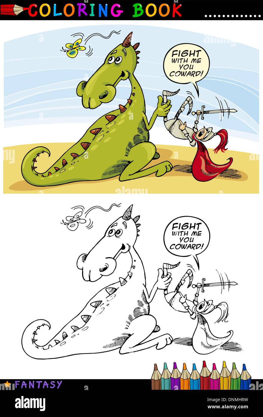 Libro da colorare o pagina Cartoon Illustrazione umoristica di drago e cavaliere personaggi delle fiabe Illustrazione Vettoriale