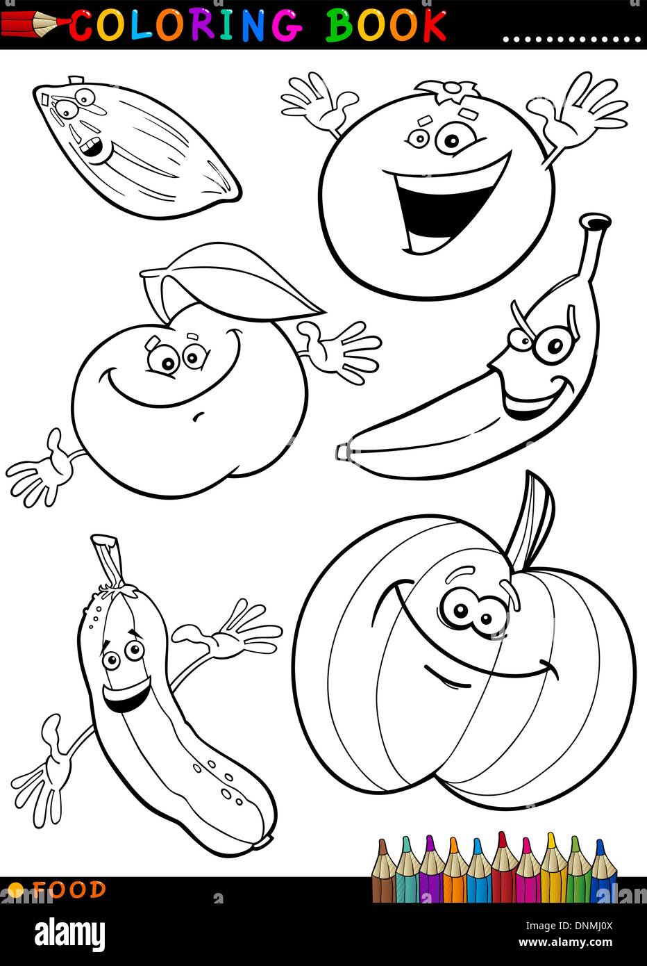 Libro da colorare o pagina Cartoon illustrazione di divertenti personaggi  alimentare frutta e verdura per Bambini Educazione Immagine e Vettoriale -  Alamy