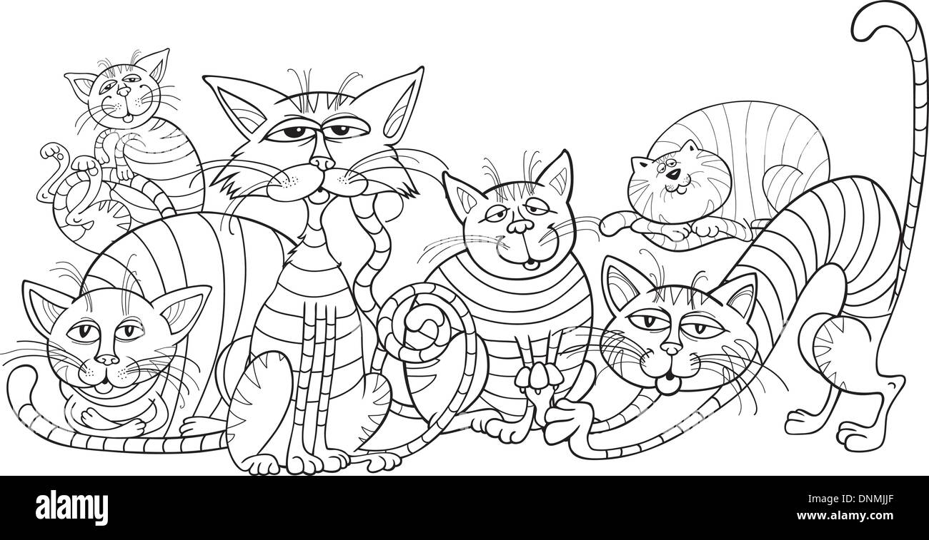 Colori divertenti gatti gruppo cartoon illustrazione per libro da colorare Illustrazione Vettoriale