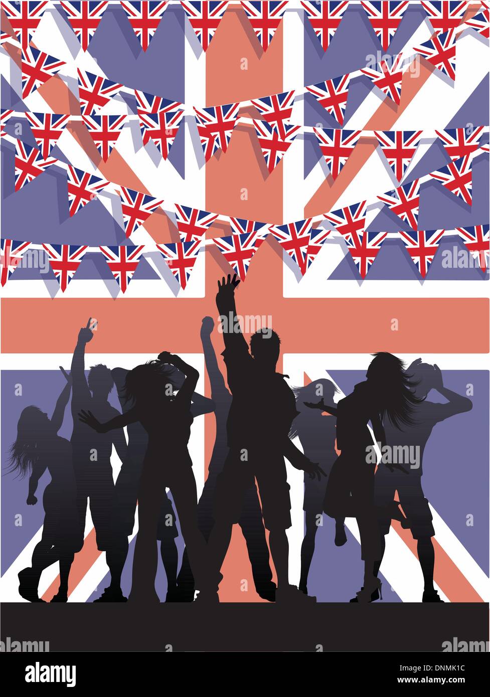 Silhouette del popolo partito su una bandiera dell'Union Jack sfondo con bunting Illustrazione Vettoriale