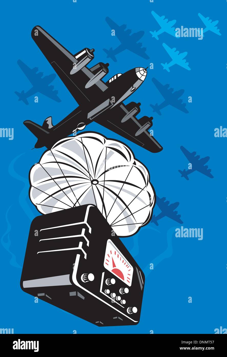 Illustrazione di una guerra mondiale due bomber caduta radio vintage paracadute sul fatto in stile retrò Illustrazione Vettoriale