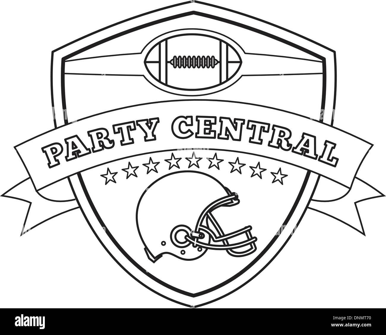 Disegno della linea illustrazione di un football americano casco insieme all'interno della protezione con stelle e scorrere visto dal lato eseguita in bianco e nero e le parole parte centrale. Illustrazione Vettoriale