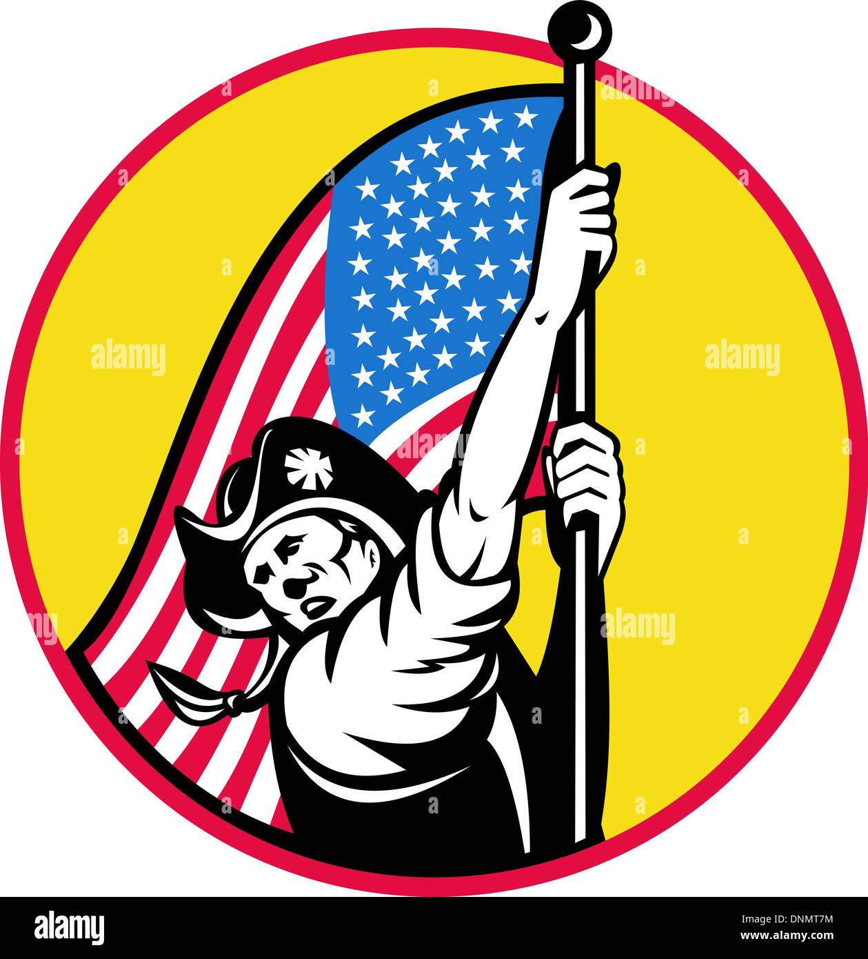 Illustrazione di un American soldato rivoluzionario con stelle e strisce di bandiera guardando al lato impostato all'interno del cerchio. fatto in stile retrò Illustrazione Vettoriale