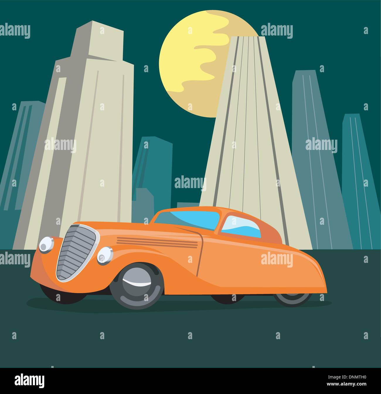 Illustrazione di un vintage automobile con la luna e gli edifici in background. Illustrazione Vettoriale