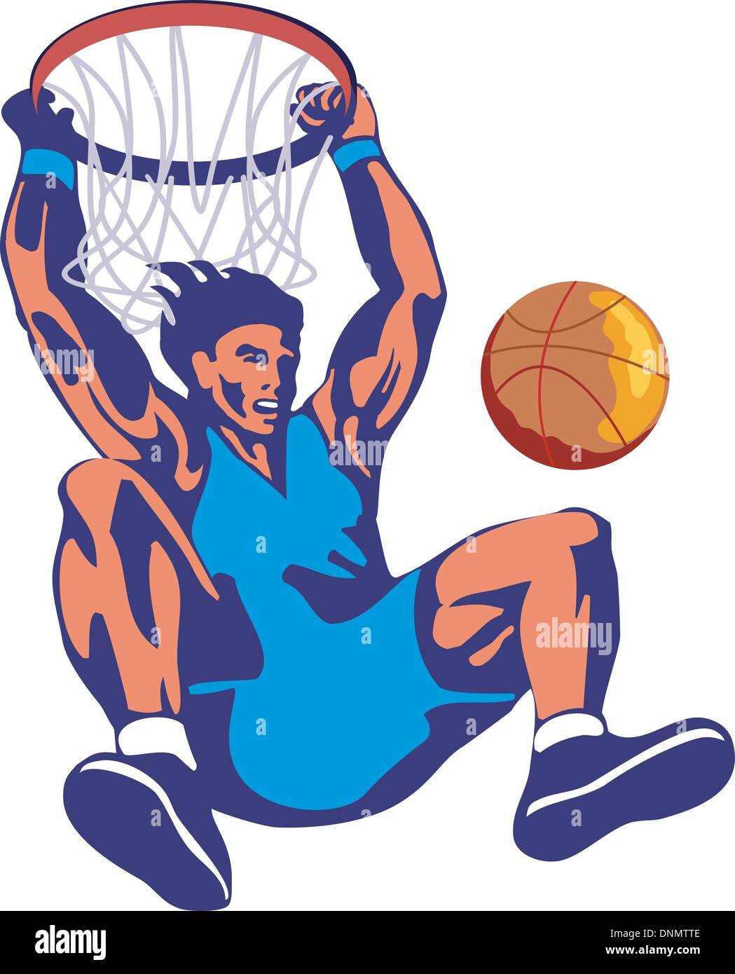 Illustrazione di un giocatore di basket ball dunking fatto in stile retrò. Illustrazione Vettoriale