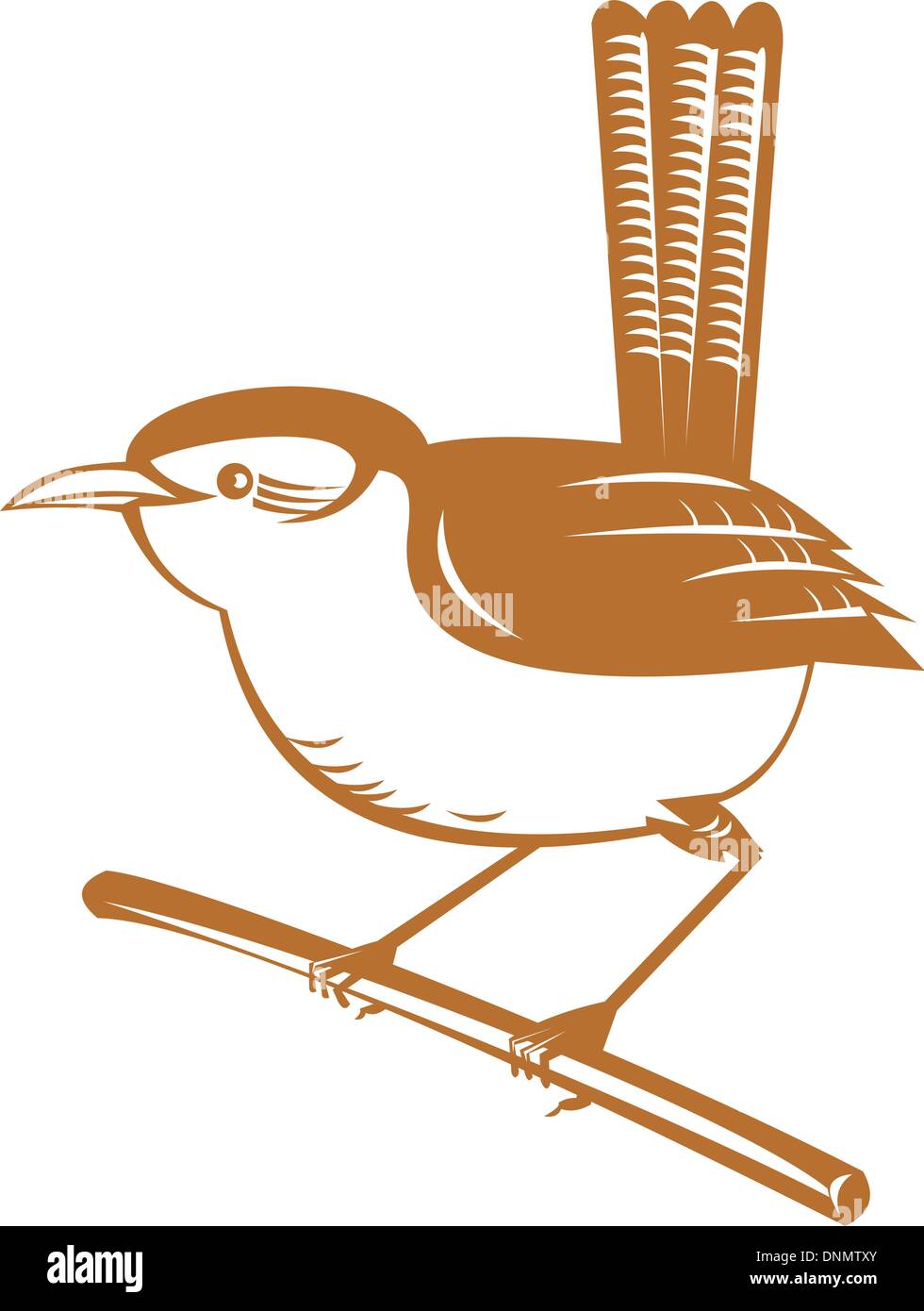 Illustrazione di un uccello di wren appollaiato sul ramo fatto rétro xilografia stile. Illustrazione Vettoriale
