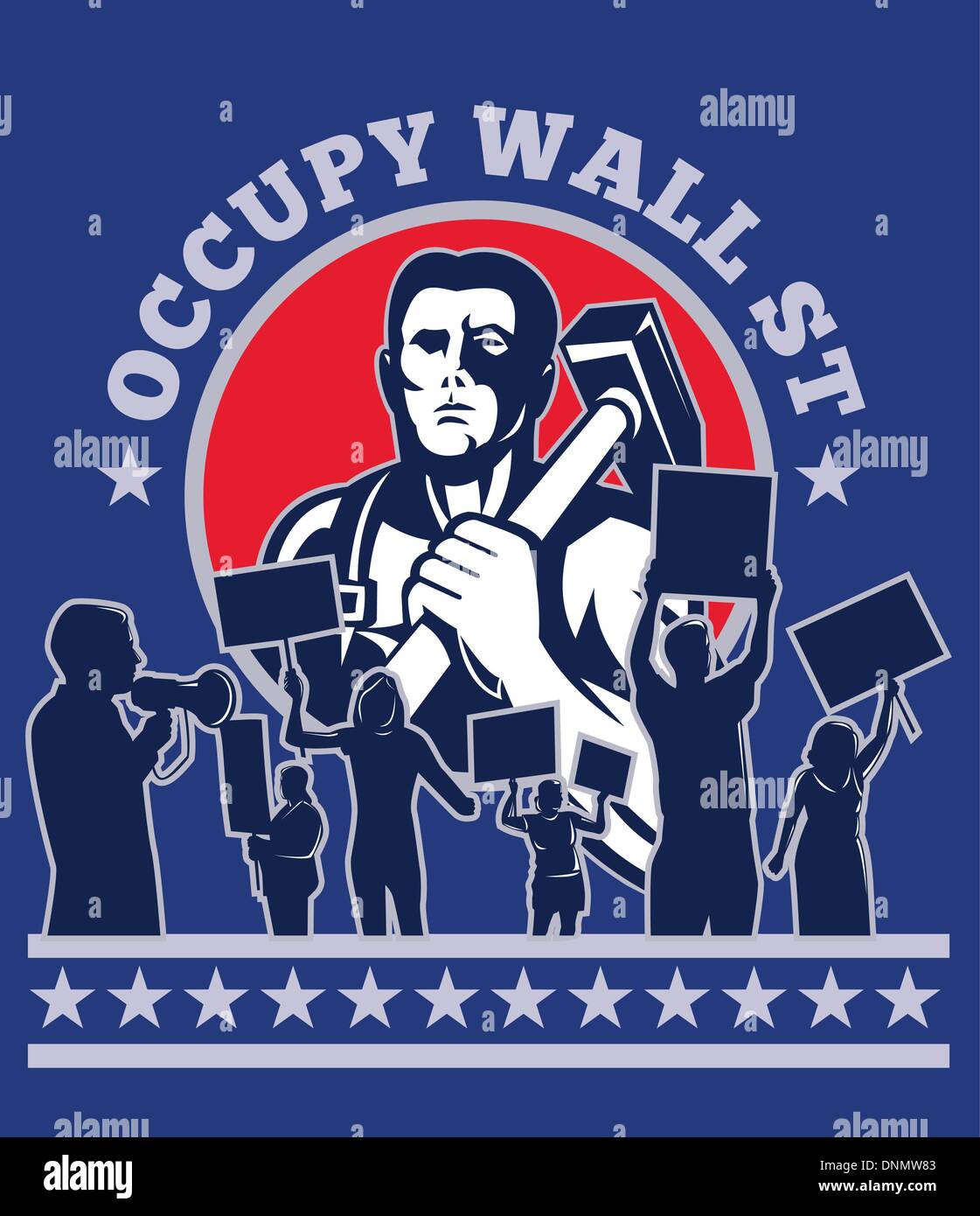 Illustrazione di un lavoratore con un martello protester protesta segno targhetta con parole occupano Wall street Illustrazione Vettoriale
