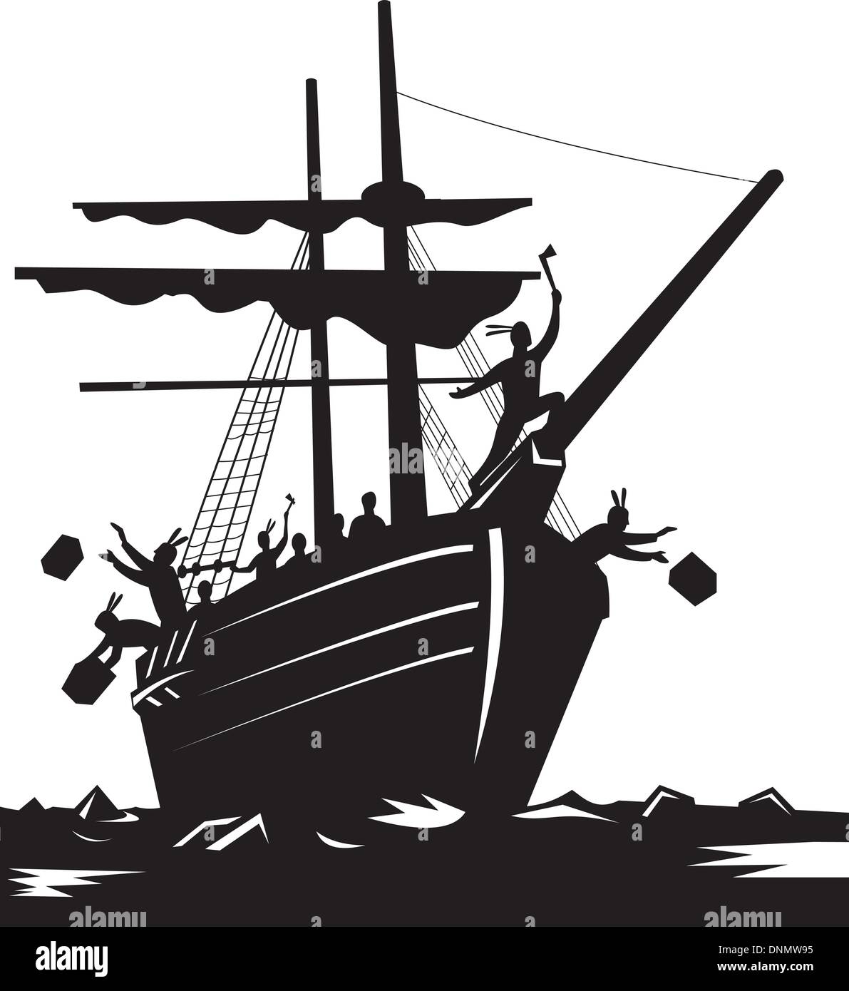 Illustrazione del Boston Tea Party che mostra un americano patriots vestito come nativi indiani americani gettando le casse di tè in mare la nave. Illustrazione Vettoriale