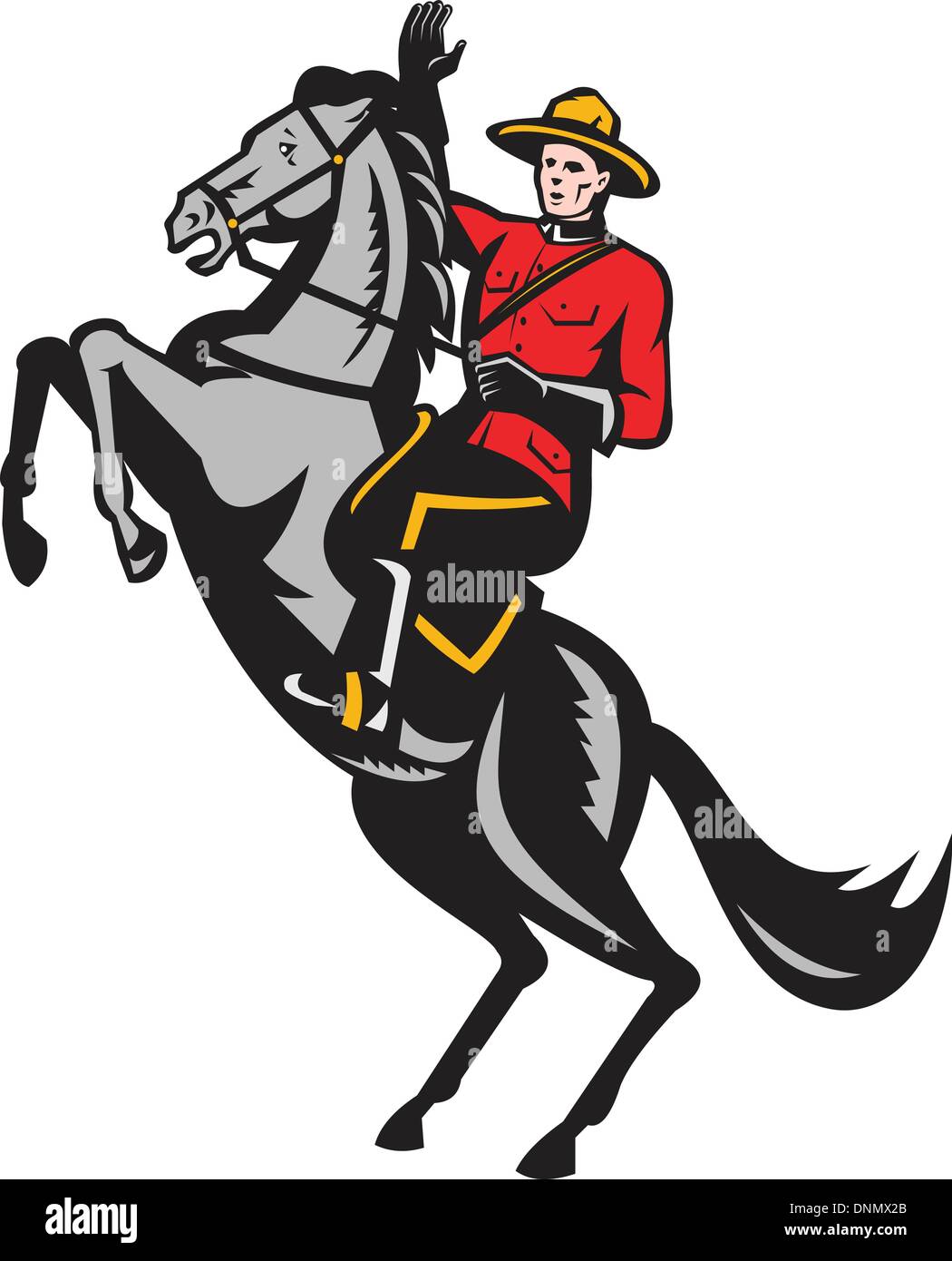 Illustrazione di un canadese montato Mountie di polizia a cavallo di un cavallino rampante isolato su sfondo bianco fatto in xilografia retrò stile. Illustrazione Vettoriale