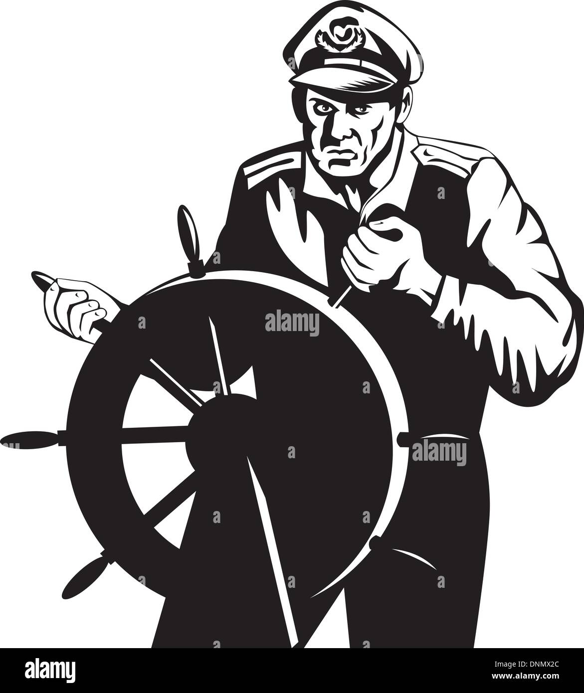 Illustrazione di un pescatore di mare capitano al timone della ruota di fatto in stile retrò Illustrazione Vettoriale