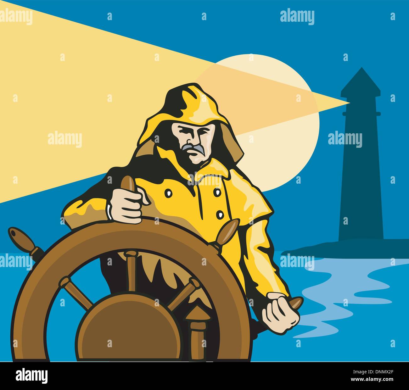 Illustrazione di un pescatore di mare capitano al timone del volante in stile retrò. Illustrazione Vettoriale