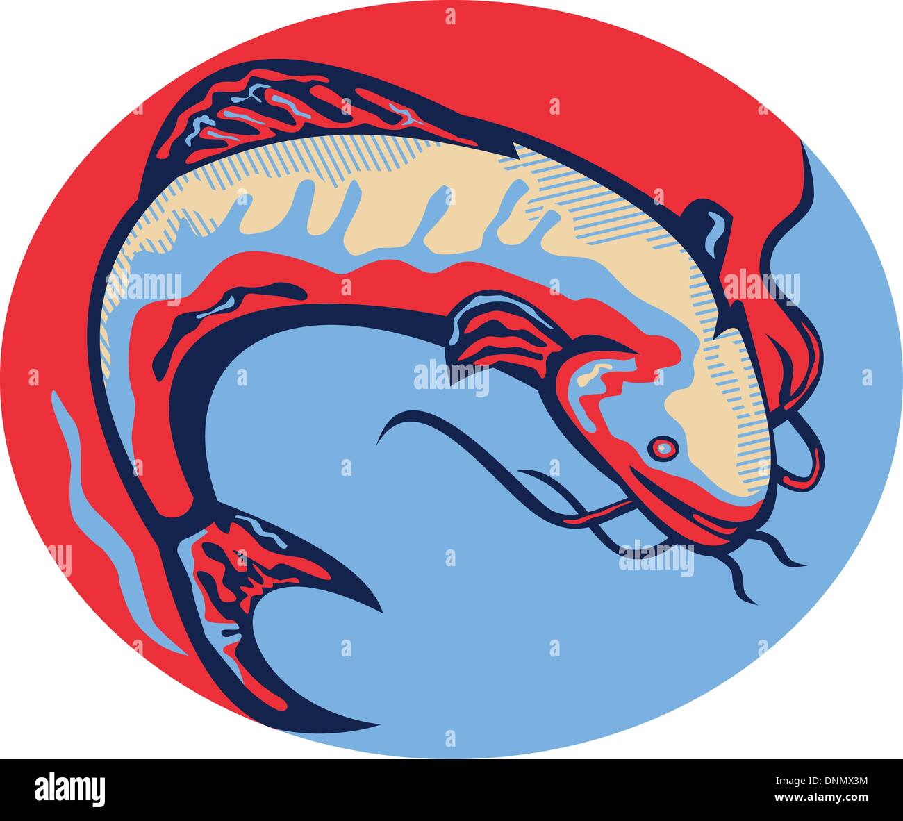 Illustrazione di un ray-alettato pesce gatto pesce noto anche come fango cat, polliwogs o chucklehead jumping imposta all'interno di forma ovale fatto rétro Illustrazione Vettoriale