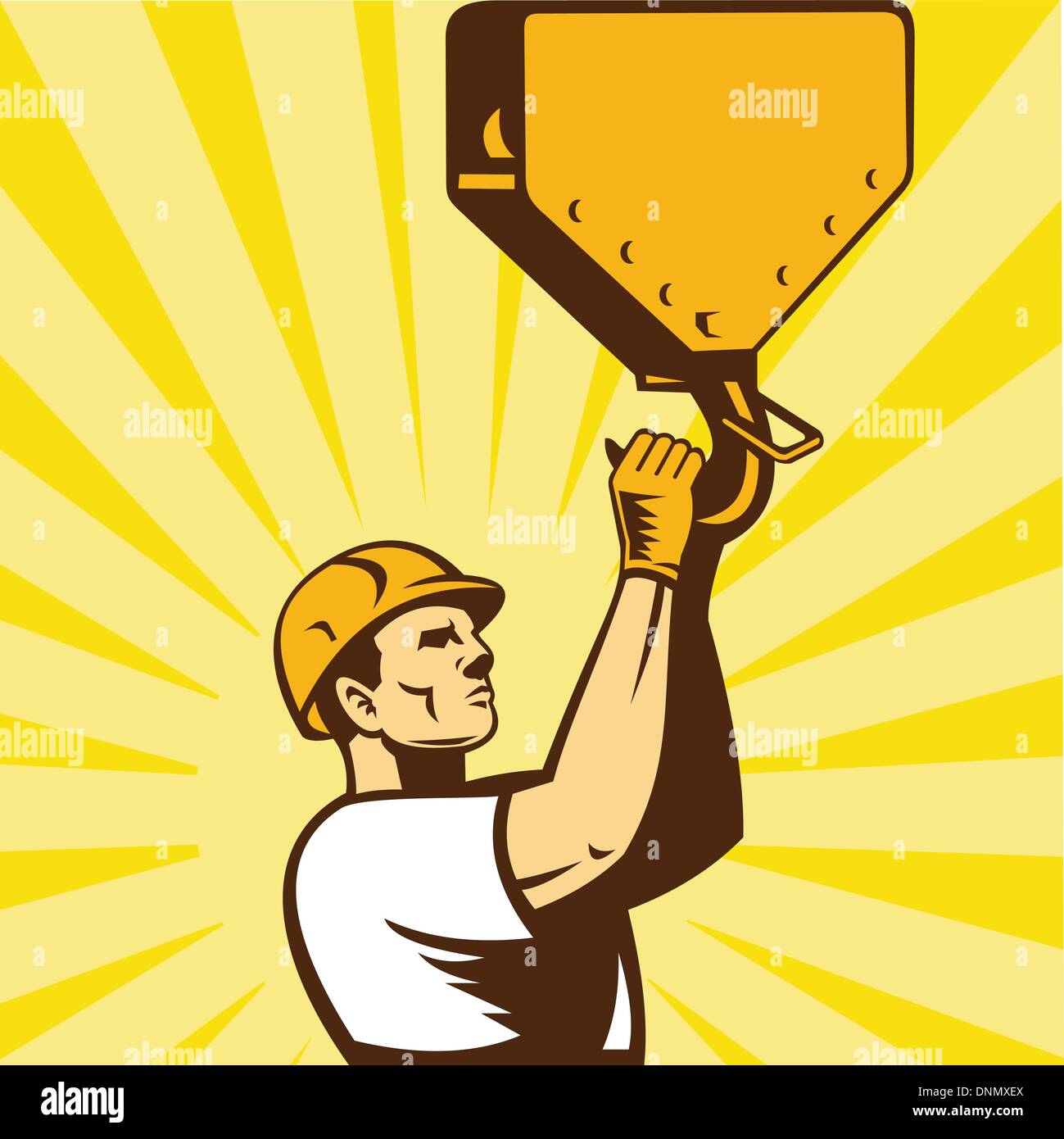 Illustrazione di un lavoratore edile indossare elmetto holding gancio rivolto verso il lato imposta all'interno di piazza con sunburst su sfondo isolato fatto in stile retrò Illustrazione Vettoriale