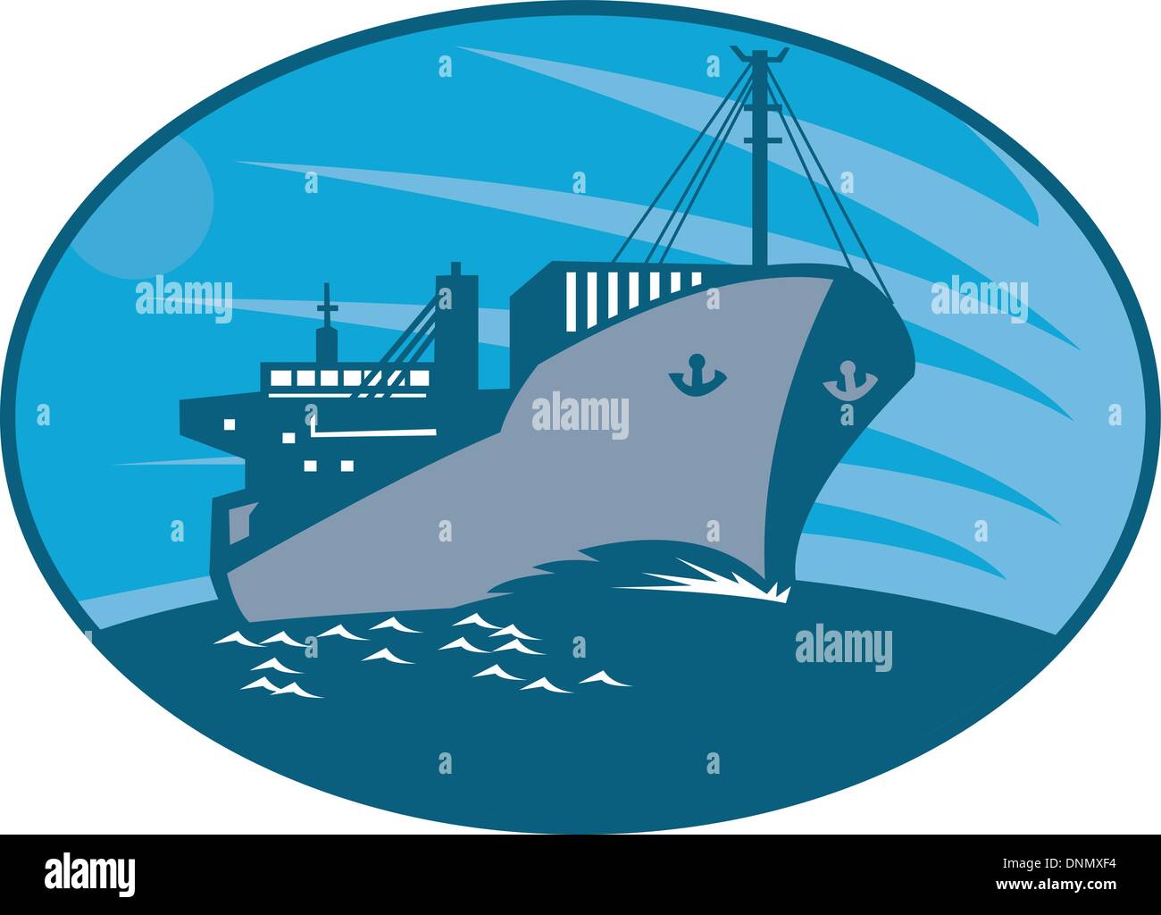 Illustrazione di un contenitore di carico della nave cargo vela sul mare fatto in stile retrò imposta all'interno di ellisse. Illustrazione Vettoriale