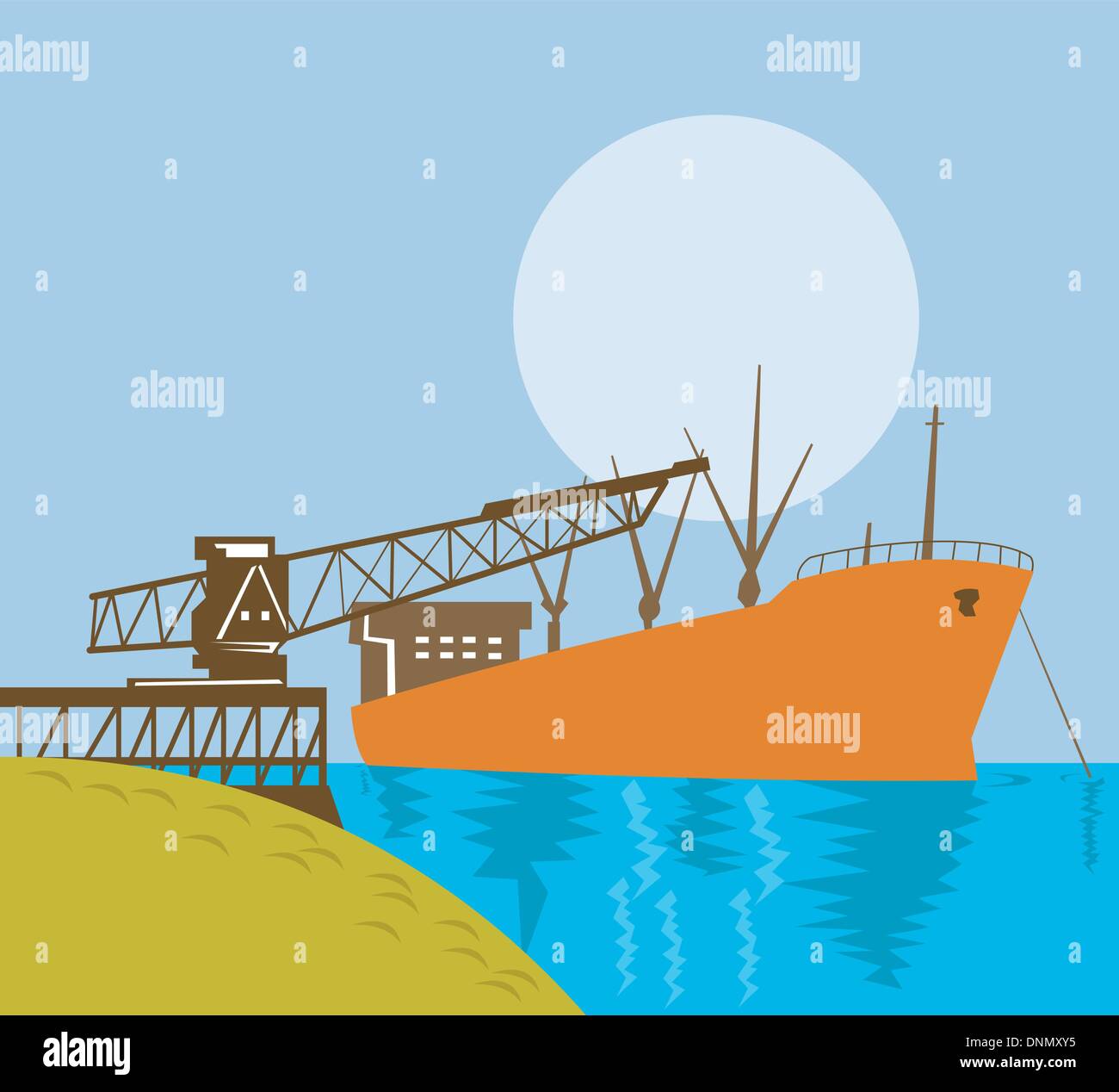 Illustrazione della gru a braccio il caricamento di una nave cargo presso la banchina fatto in stile retrò. Illustrazione Vettoriale