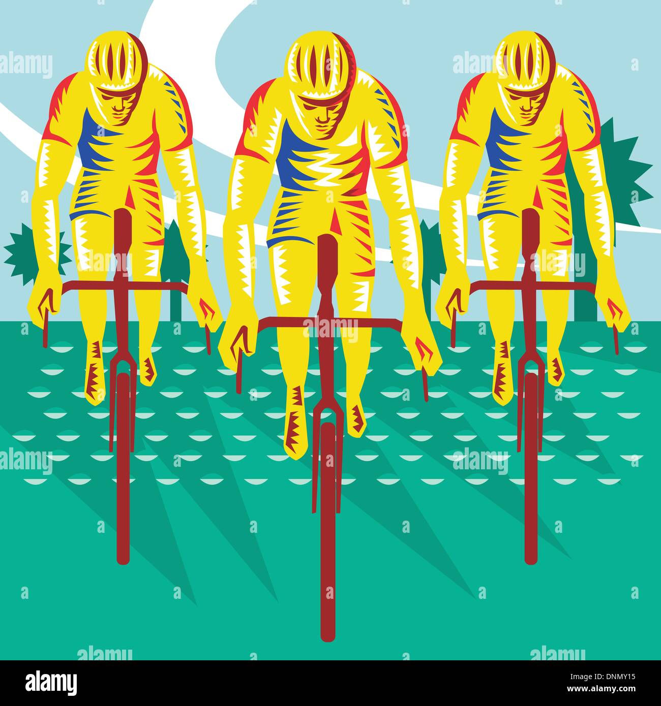 Illustrazione di un ciclista di equitazione Bicicletta da corsa in bicicletta vista anteriore fatto rétro xilografia stile. Illustrazione Vettoriale