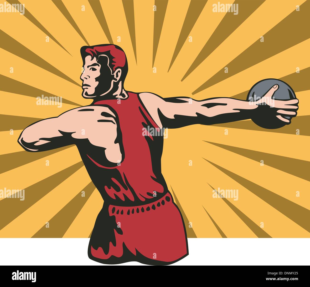 Illustrazione di atleta lancio del disco con sunburst in background fatto in stile retrò. Illustrazione Vettoriale