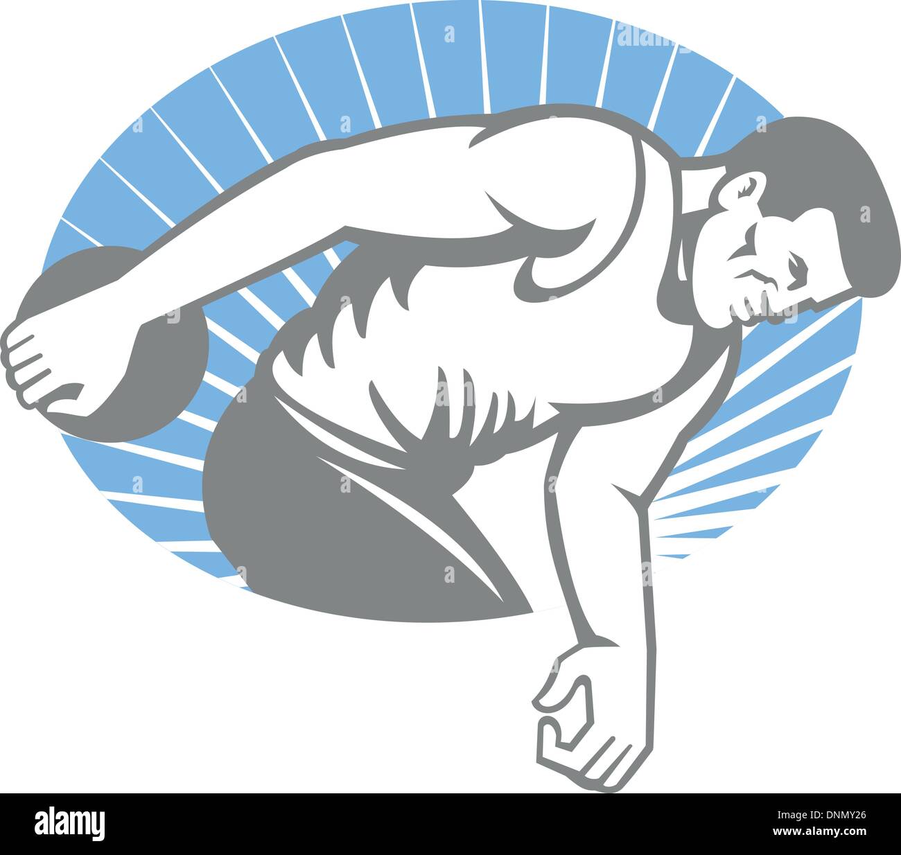 Illustrazione di un atleta gettando discus buttare visto dal lato fatto in stile retrò all'interno di ellisse con sunburst. Illustrazione Vettoriale