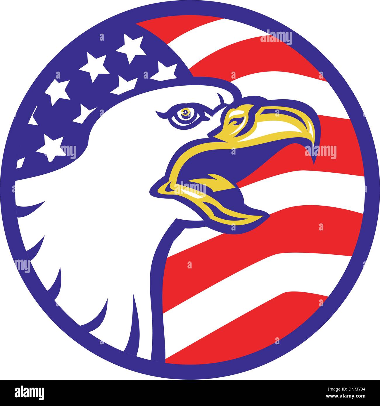 Illustrazione di un American aquila calva urlando con gli Stati Uniti a stelle e bandiera di strisce impostato all'interno del cerchio Illustrazione Vettoriale