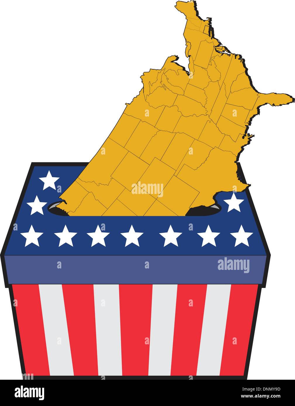 Illustrazione di un elezione urne con American stelle e strisce della bandiera e la mappa degli Stati Uniti d'America su sfondo isolato Illustrazione Vettoriale