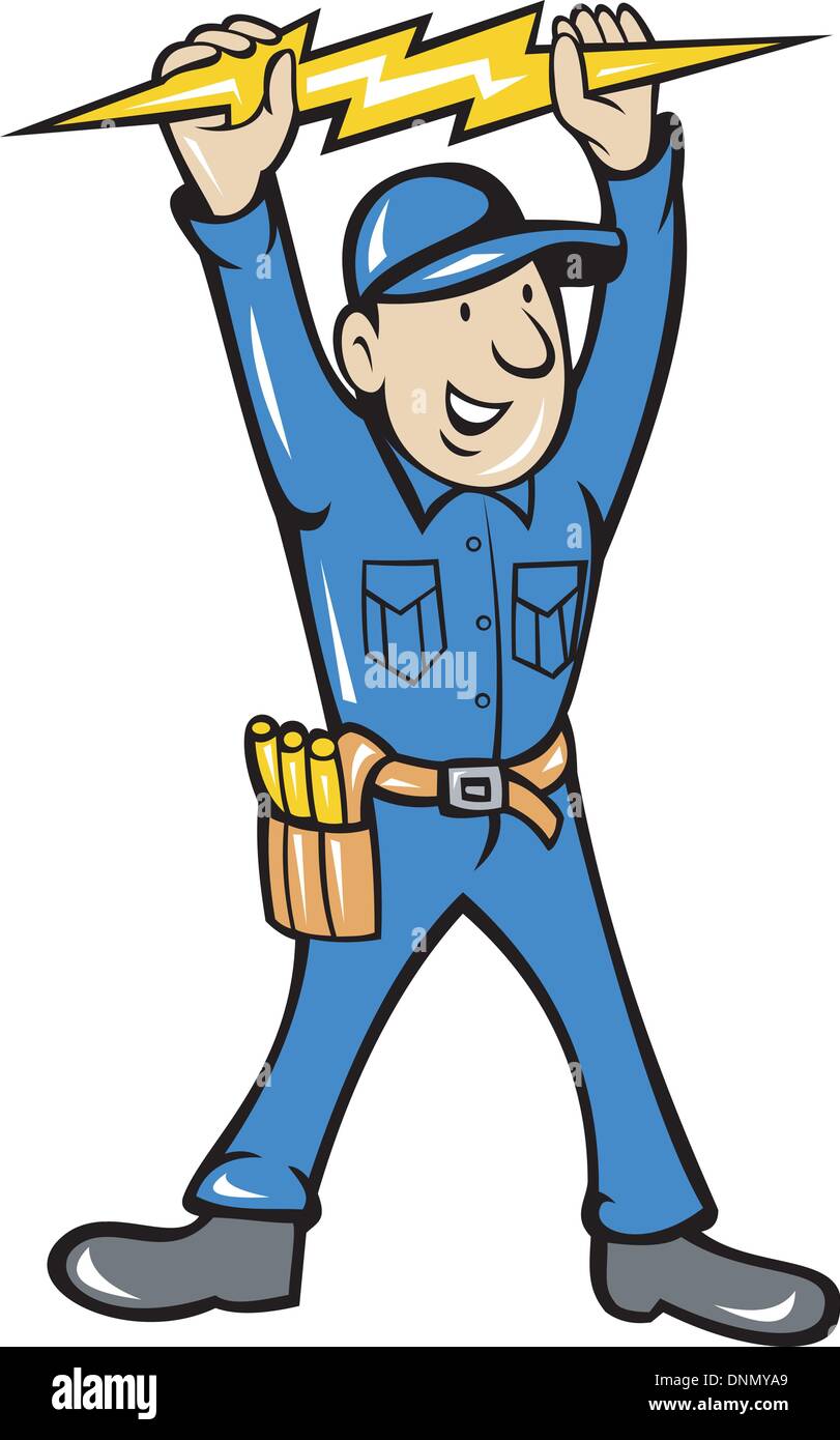 Illustrazione di un elettricista tenendo in mano un elettrico fulmine anteriore permanente realizzato in stile cartoon su sfondo isolato Illustrazione Vettoriale
