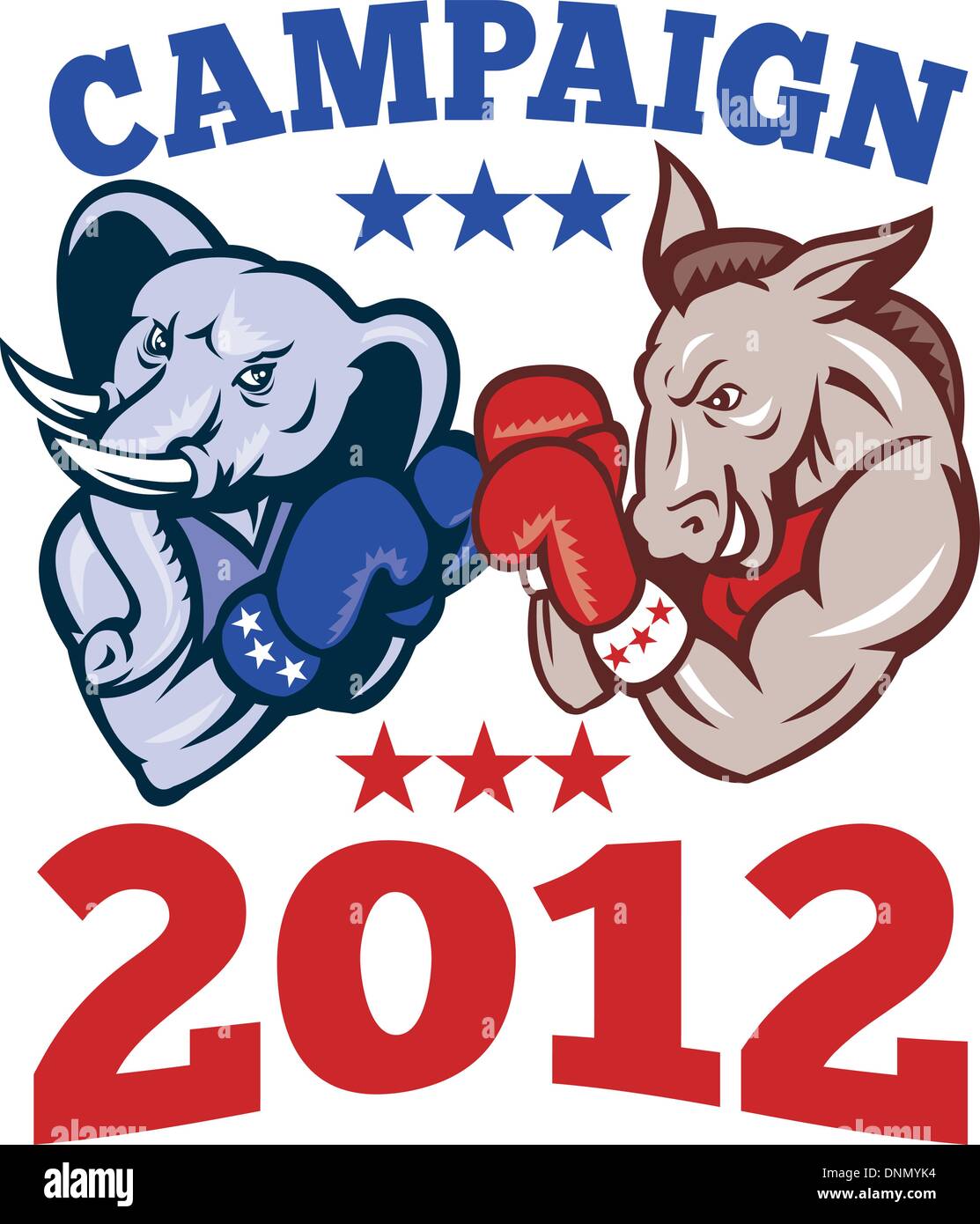 Illustrazione di un Democrat mascotte asino dei democratici di grand old party gop e elefante repubblicano boxer boxing con guanti Illustrazione Vettoriale