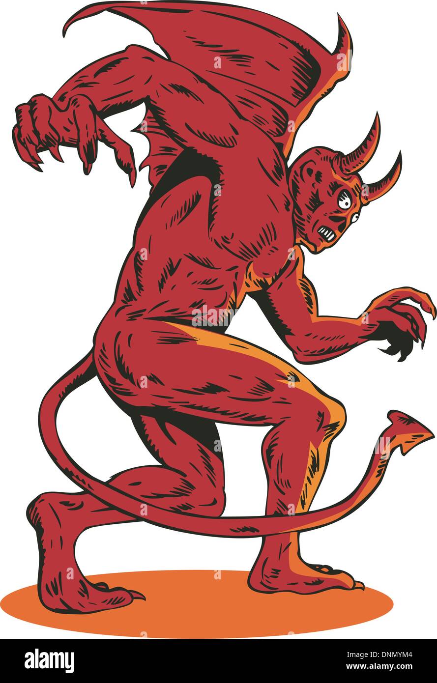 Illustrazione della red malvagia creatura monster vista laterale fatto in stile retrò. Illustrazione Vettoriale