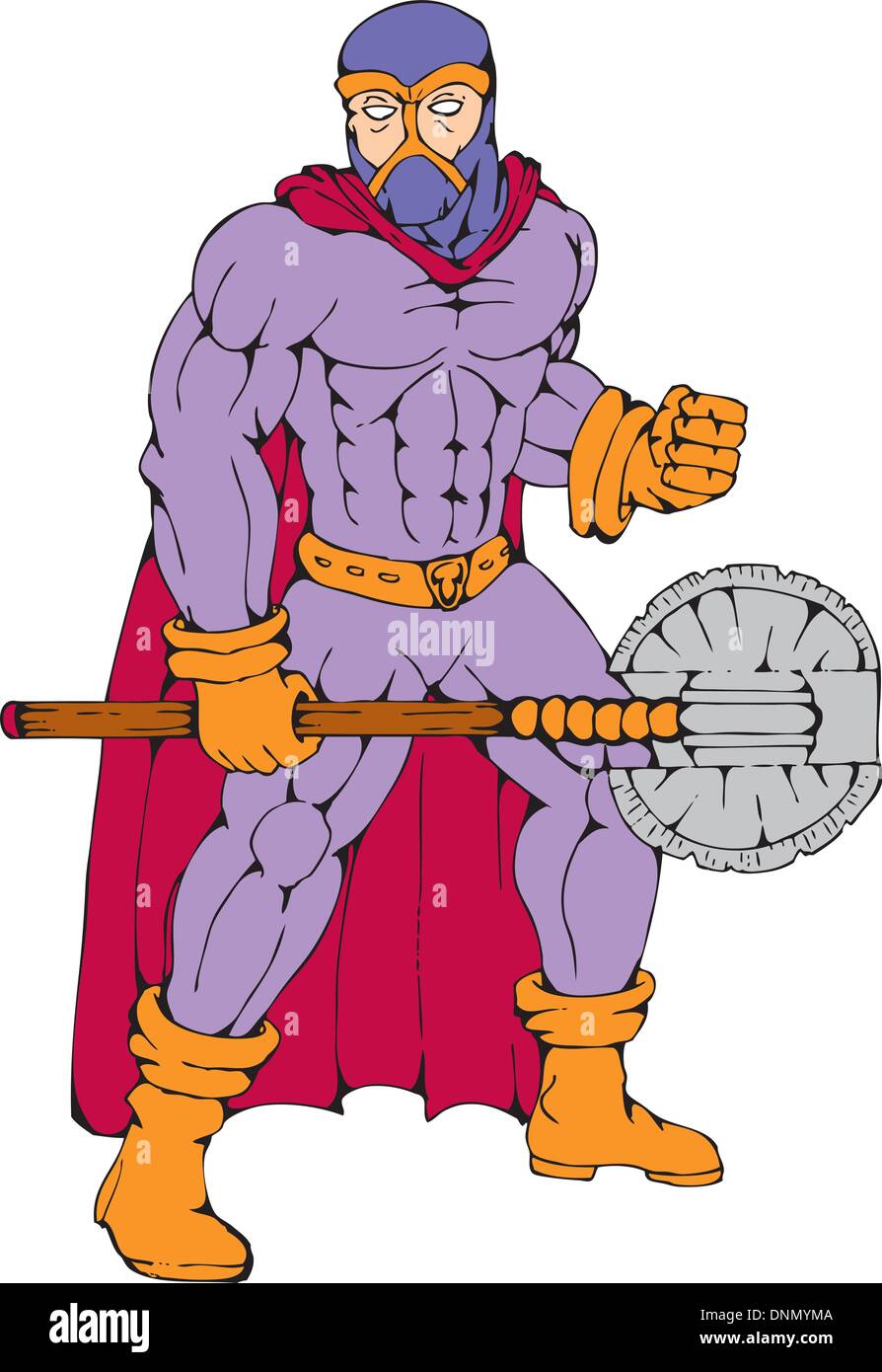 Cartoon illustrazione di un supereroe carnefice con ax isolati su sfondo bianco. Illustrazione Vettoriale
